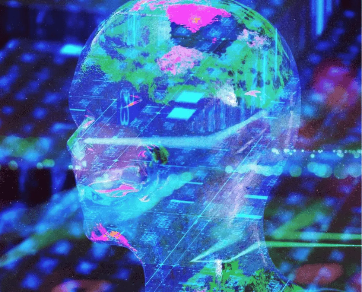 Digital illustration of a transparent human head silhouette overlaid with vibrant data streams, circuit patterns, and a colourful world map, symbolising artificial intelligence, global connectivity, and the rise of the agentic economy