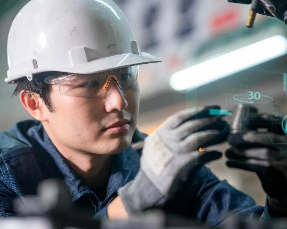 Man operating machine is checking the metal parts before start the yoke machine with digital data display. factory and manufacturing concepts