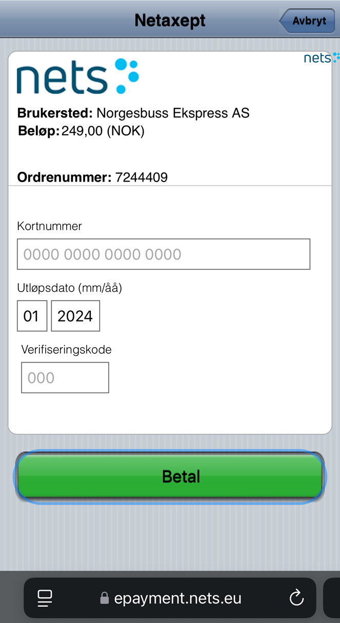 Screenshot einer Netaxept-Zahlungsseite für Norgesbuss Ekspress AS. Der Betrag beträgt 249,00 NOK. Ein Feld für die Eingabe der Kartennummer, des Ablaufdatums (01/2024) und des Sicherheitscodes ist zu sehen. Ein grüner 'Betal'-Button (norwegisch für 'Bezahlen') befindet sich unten. Die URL in der Fußzeile lautet 'epayment.nets.eu'.