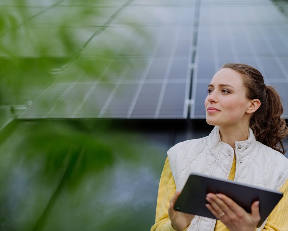 woman with tablet and solar panels