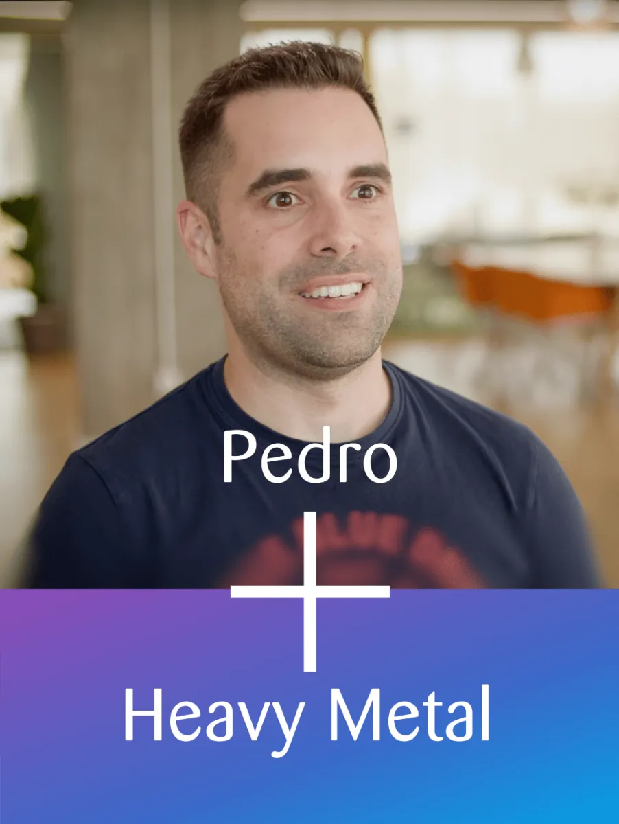 A man in an office setting with a text overlay saying Pedro + Heavy Metal