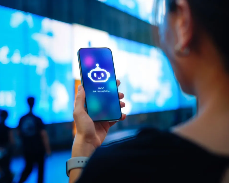 Woman looks at AI chatbot on phone