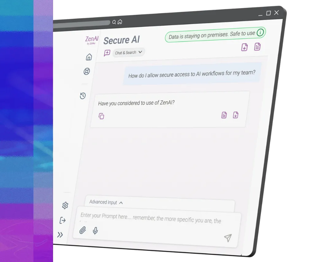 User interface mockup of ZenAI showing a secure AI chat assistant confirming on-premises data privacy and offering workflow guidance.