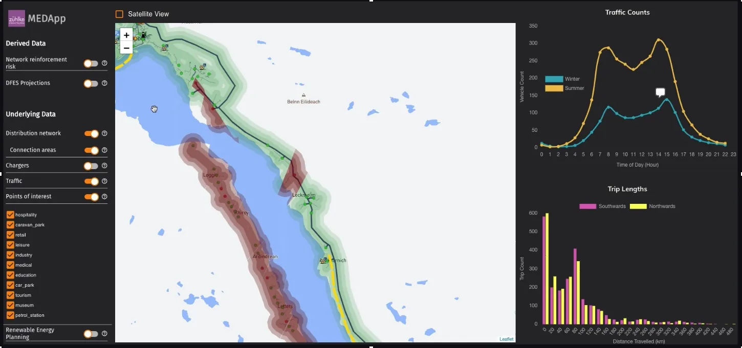 A screenshot from the Zühlke EVIIA project: it identifies where to install charging stations in a caravan park