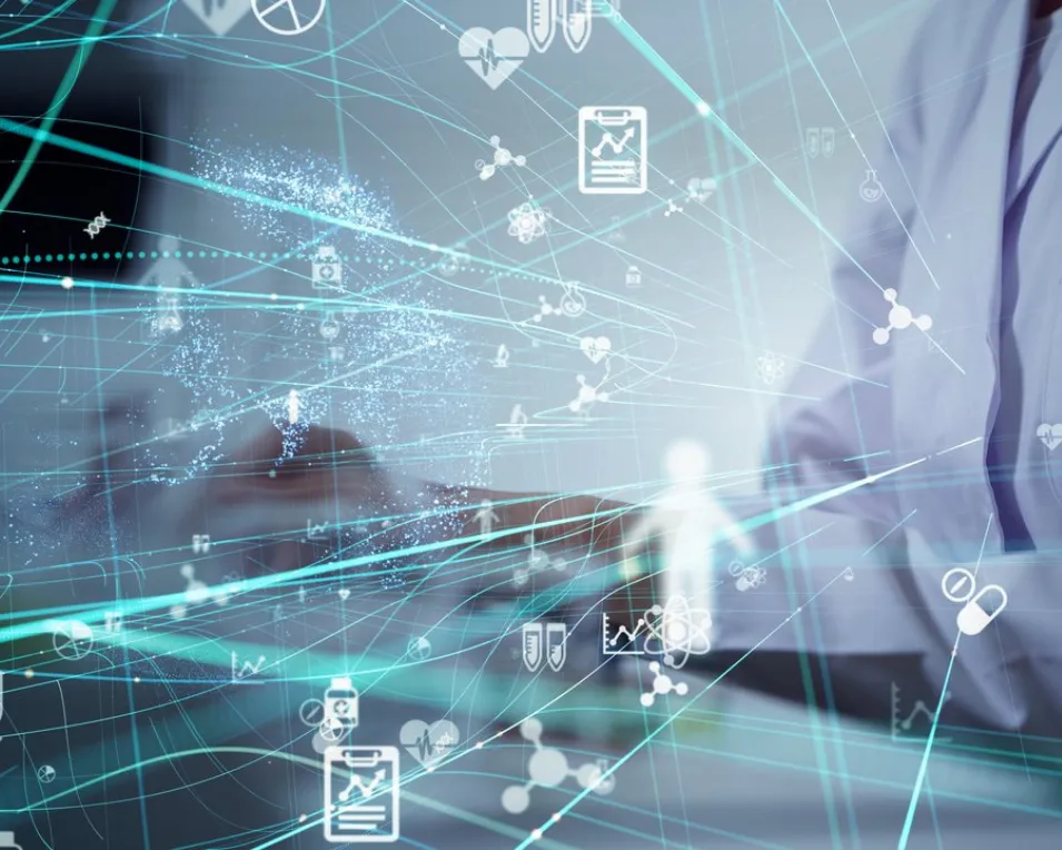 Abstract overlay of healthcare data and icons with a medical professional in the background, symbolising AI-augmented delivery in medical software.