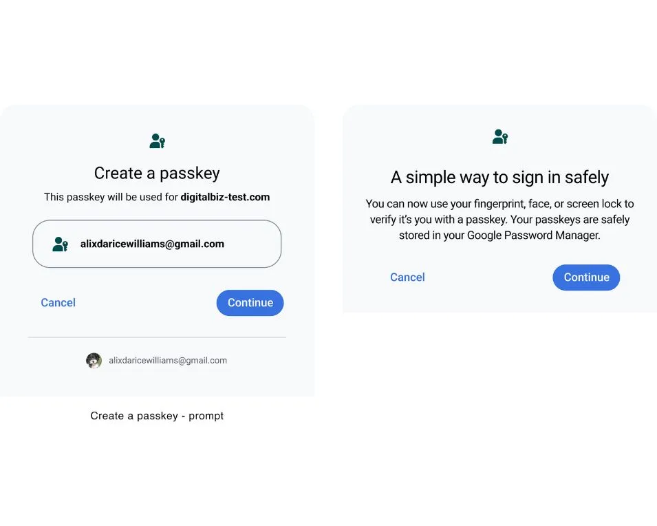 Two prompts that illustrate the process of creating passkeys on Android.