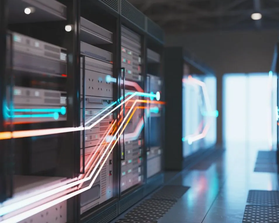 Modern server room with illuminated data flow visuals, illustrating the backend architecture for AI governance frameworks.