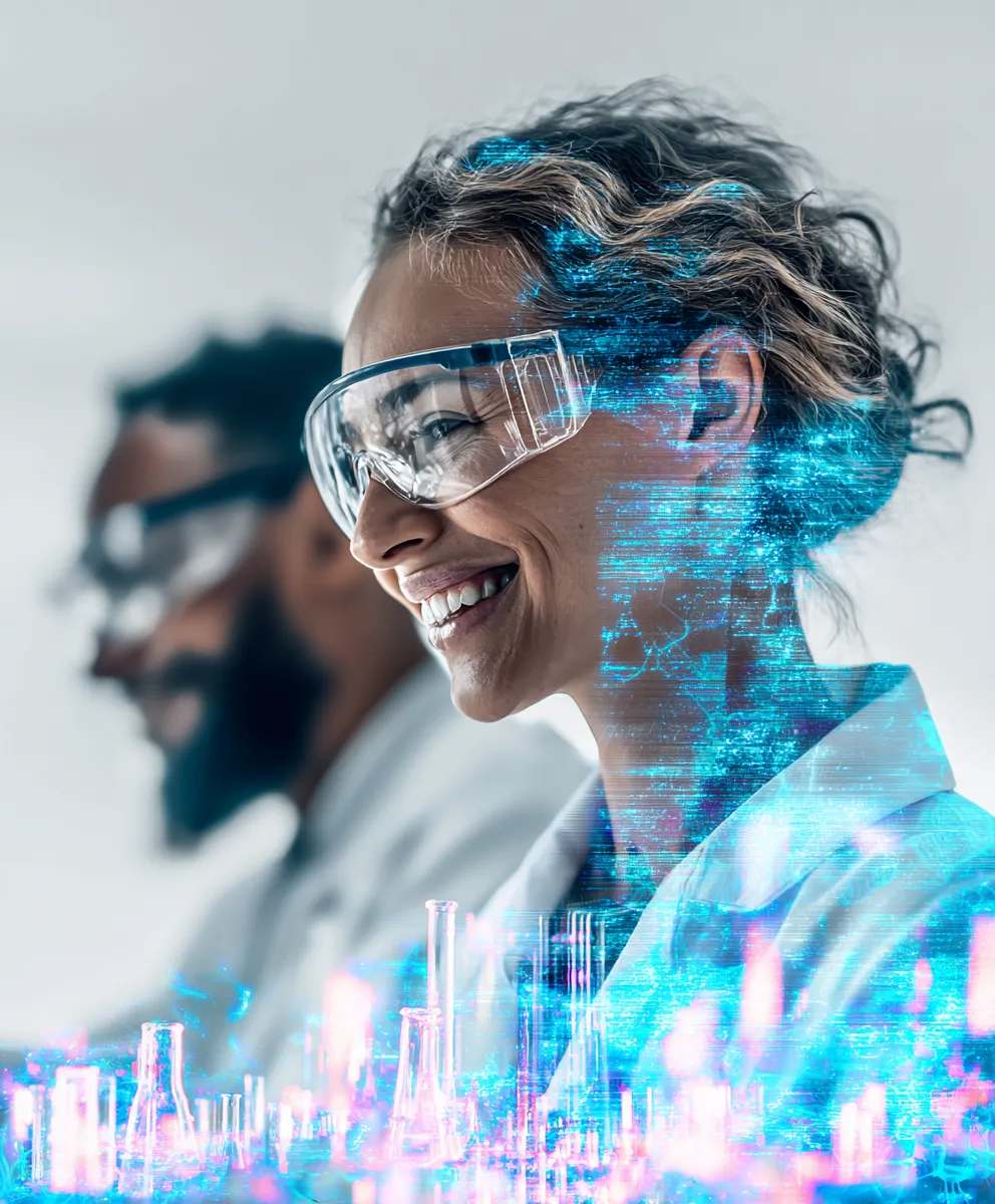 Scientist smiling in a pharma lab. 
