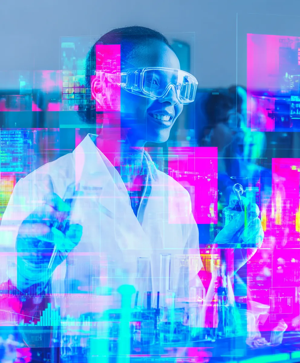 Scientist in a pharma lab - visually distorted. 